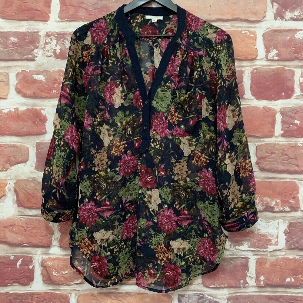 Anthropologie Pleione Women’s Black Pink Multicolor Floral Tunic Blouse